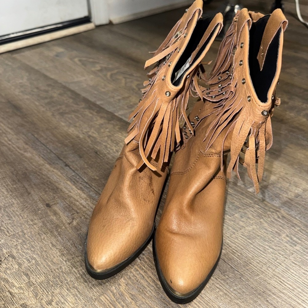Santa Fe Boot Co Tan Leather Fringe Studded Western Ankle Boots Women 8M SFW502 - Picture 11 of 11